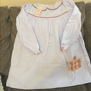 Light Blue Girls Long-Sleeve Dress with Plaid Leaf Accent